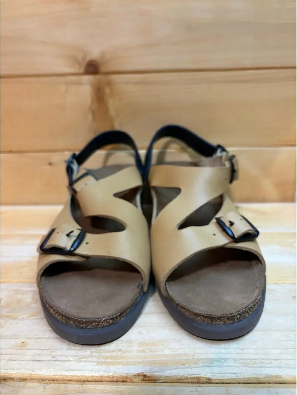 MEPHISTO Tan & Black Leather Wedge Elka Sandals Size 37 - Womens 7